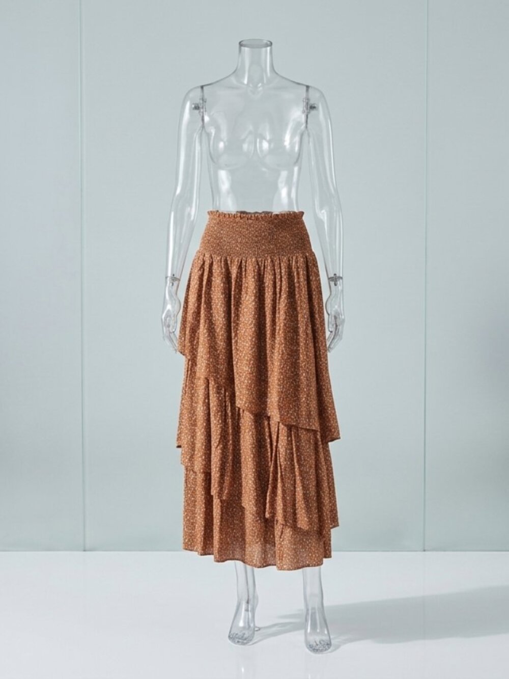 VEILED COLLECTION Maxi Full Skirt Smocked Asymmetrical Tiered Brown Ditsy Size L